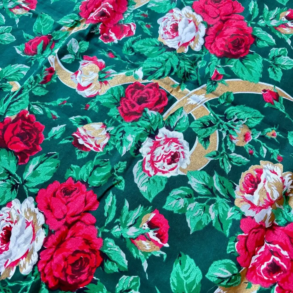 Vintage Christmas Tablecloth vivid red pink roses greenery & gold ribbons print